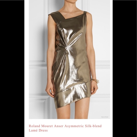 NWT Roland Mouret Anser asymmetric silk-blend gold lame dress. Size 14 - Picture 2 of 8